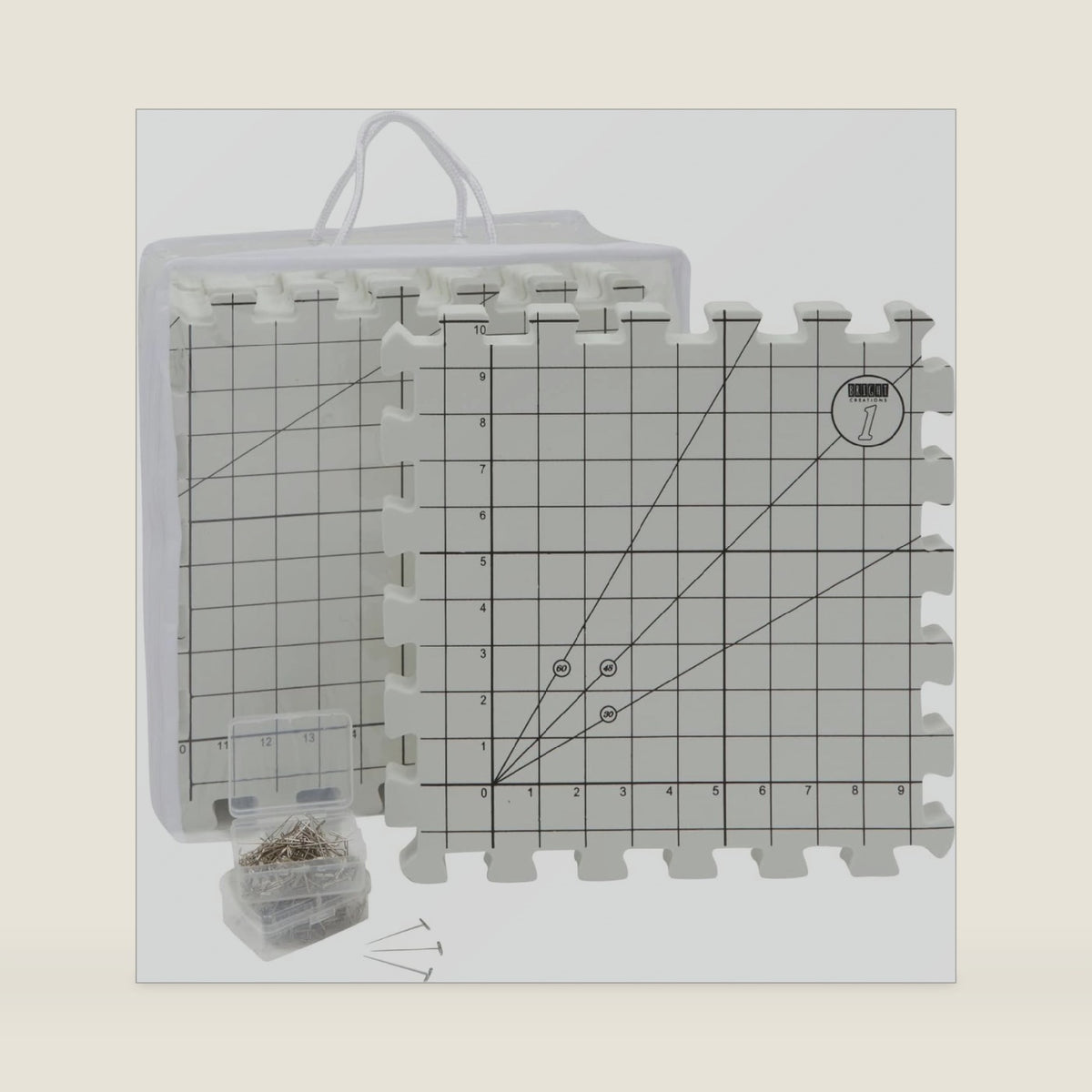 Bright Creations Blocking Mats for Knitting & Crochet Projects - 9 Interlocking Foam Mats, 12.5 x 12.5 x 0.7 in, Black, Modern - Numbered Grid Design with 200 T-Pins & Storage Bag