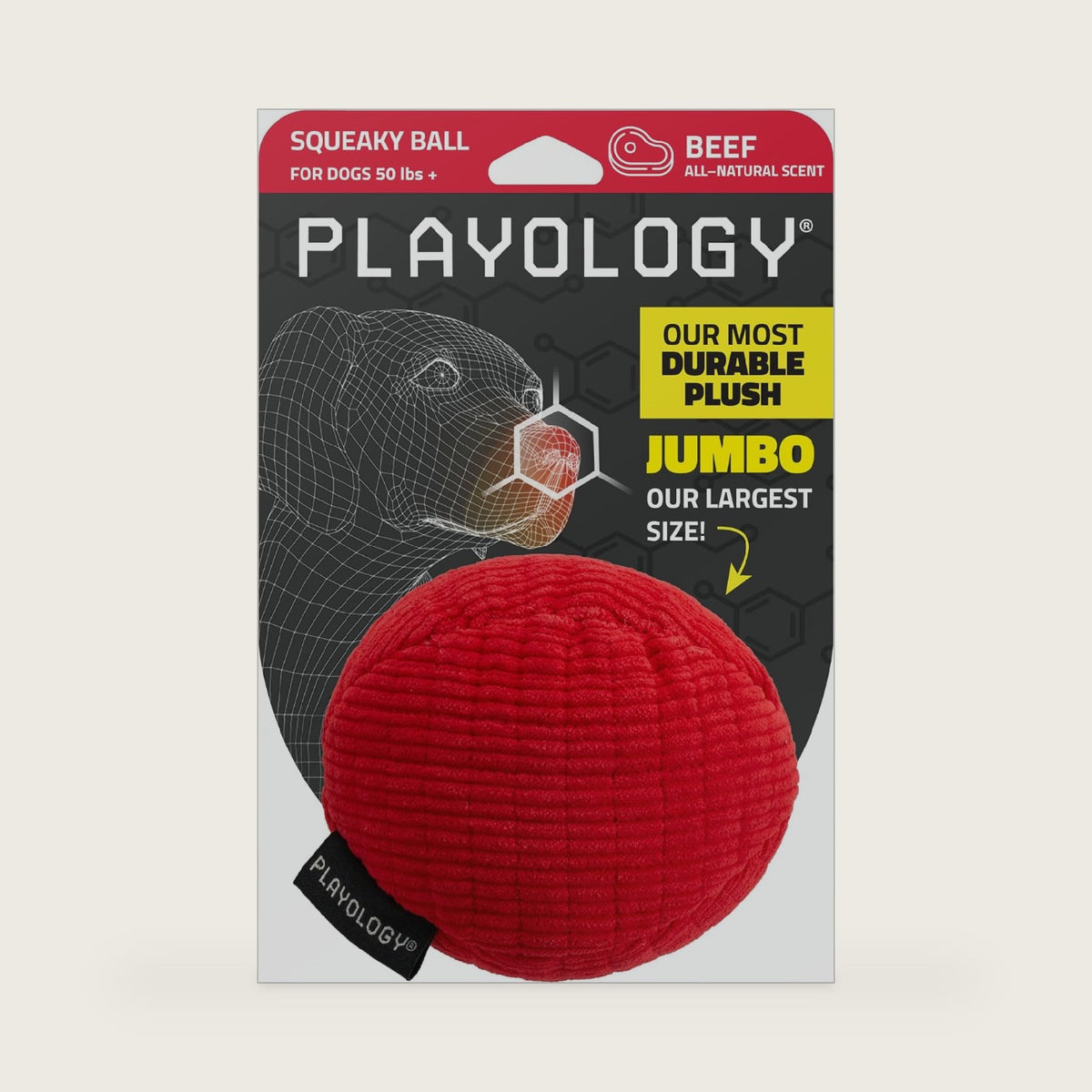 Playology Durable Plush Ball Toy - Crinkle Ball - Jumbo, Beef Scent