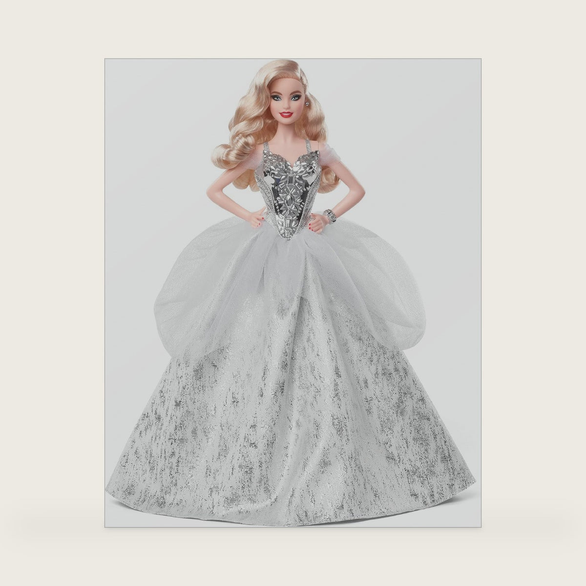 Barbie Signature 2021 Holiday Doll (12-inch, Blonde Wavy Hair) in Silver Gown, with Doll Stand and Certificate of Authenticity, Gift for 6 Year Olds and Up