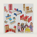 Sumind 35 Pcs Wooden Dollhouse Furniture with 8 Family Figures, Montessori Educational Wood Dolls House Accessories for 1:12 Scale, Preschool Imaginative Play Kit for Girls and Boys