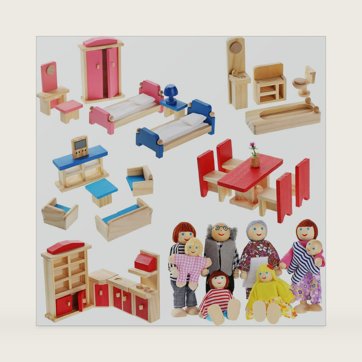 Sumind 35 Pcs Wooden Dollhouse Furniture with 8 Family Figures, Montessori Educational Wood Dolls House Accessories for 1:12 Scale, Preschool Imaginative Play Kit for Girls and Boys