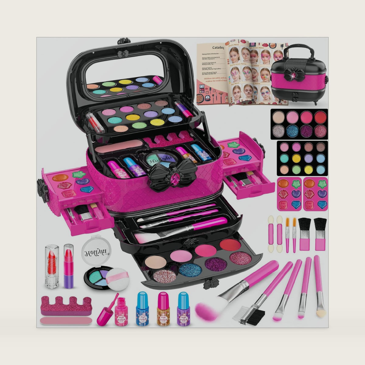 Hollyhi 58 Pcs Kids Makeup Toys Kit for Girls, Real Washable Make Up Set