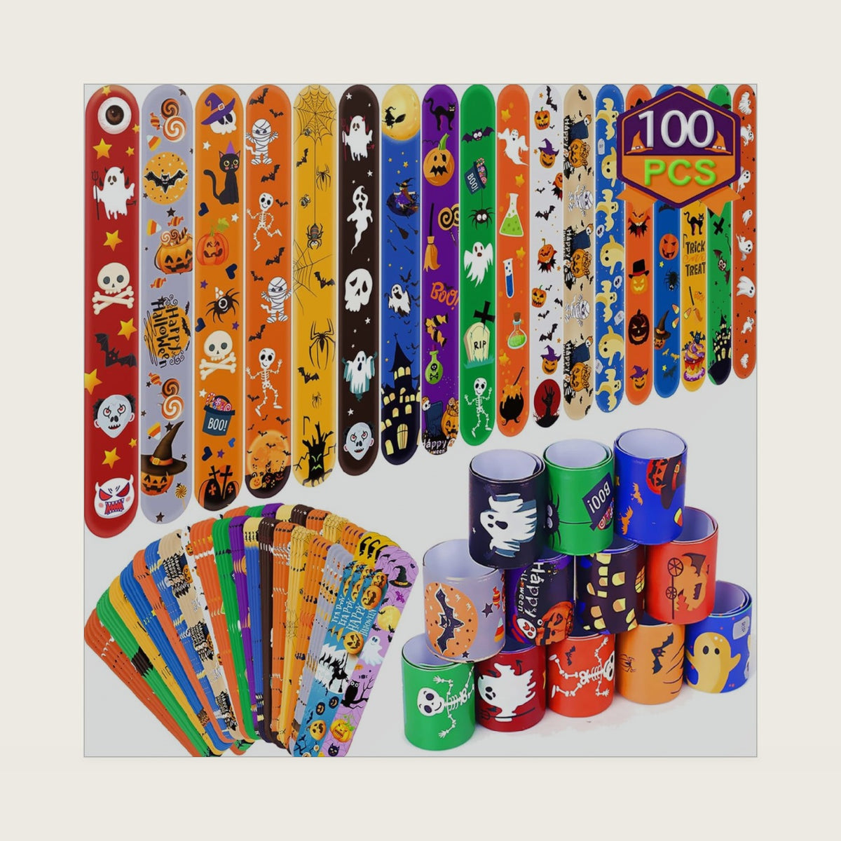 Halloween Slap Bracelets for Kids, 100 Halloween Bracelet Toys Bulk For Kids Girls Boys, Trick or Treat Party Favors, Classroom Prizes, Exchanging Gifts, Halloween Party Gift Treat Bag Filler Supply
