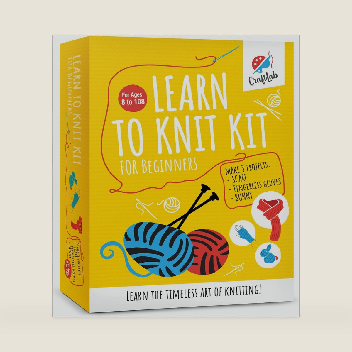 CraftLab Knitting Kit - Beginner Knitting Supplies with Wool Yarn, Needles, Instructions, DIY Gift