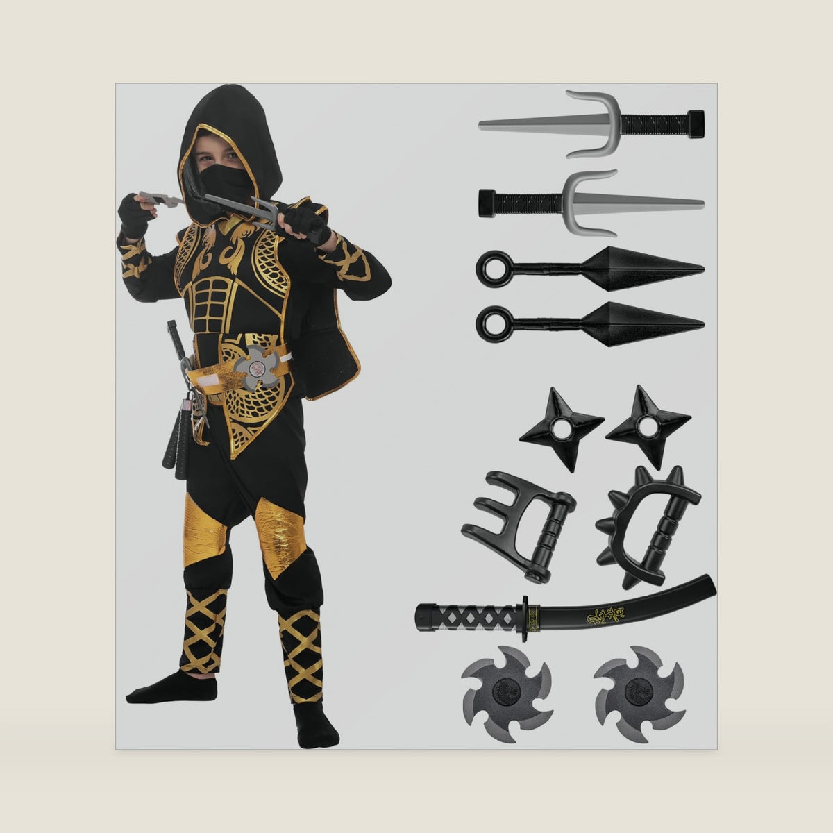 Spooktacular Creations Golden Ninja Costume Set, Ninja Jumpsuit with Foam Accessories for Kids, Toddler Halloween Outfit for Ideas Cosplay Party (Small, 5-7 yrs)