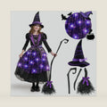 Spooktacular Creations Halloween Witch Costume Kids, Light Up Witch Dress with Hat and Broom for Girls, Toddlers Bat Outfit Set for Halloween Costumes Role Play Parties, Purple (Small(5-7 yrs))