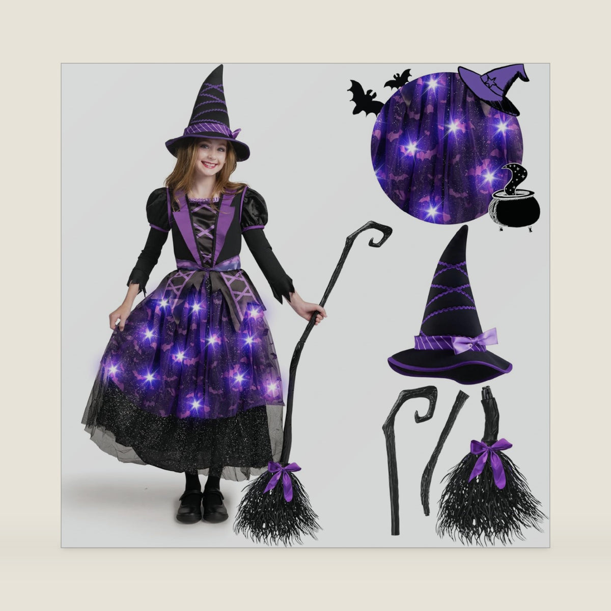 Spooktacular Creations Halloween Witch Costume Kids, Light Up Witch Dress with Hat and Broom for Girls, Toddlers Bat Outfit Set for Halloween Costumes Role Play Parties, Purple (Small(5-7 yrs))