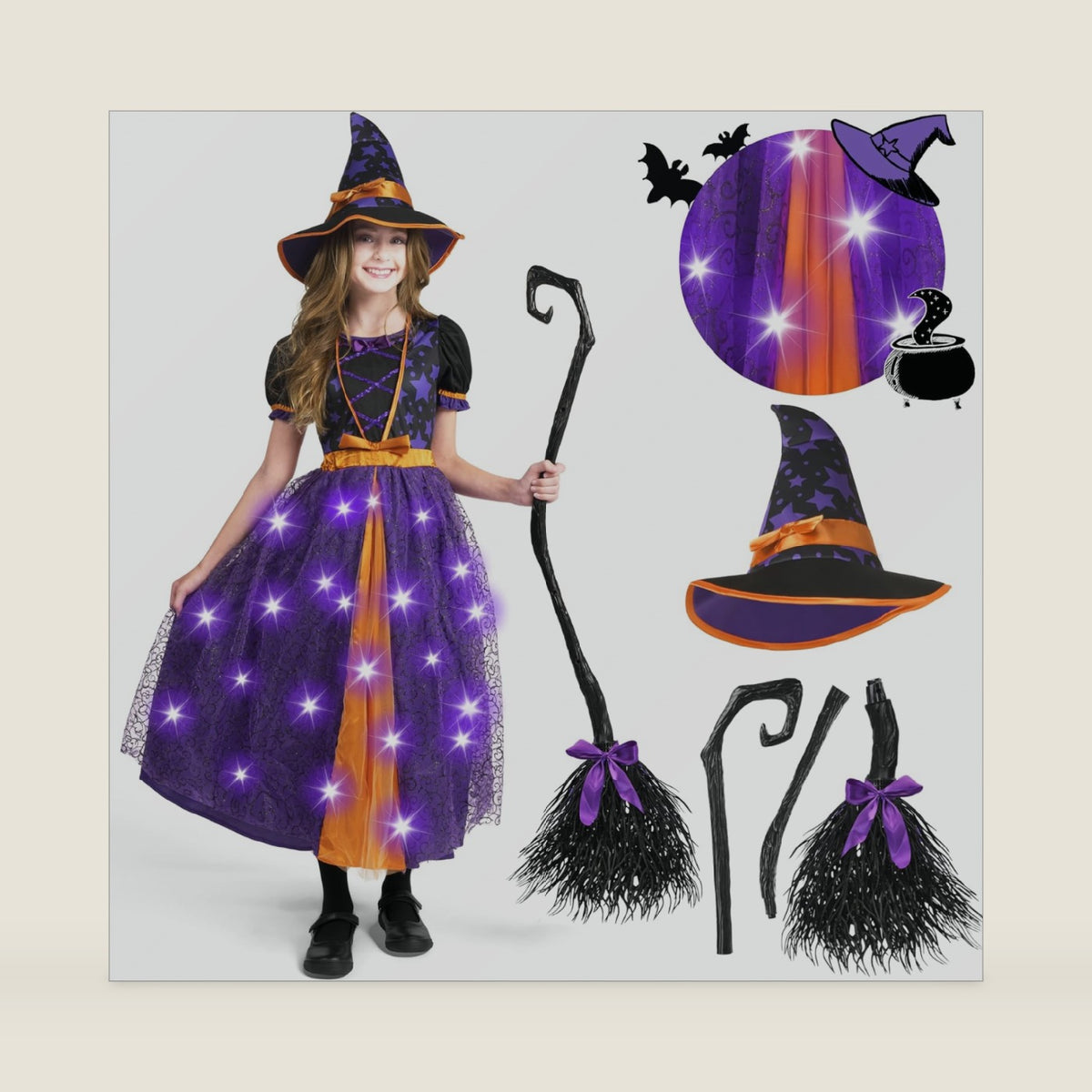 Spooktacular Creations Light Up Witch Costume for Toddler Girls, Fairy Tale Witch Outfit for Kids Halloween Dress Up Parties