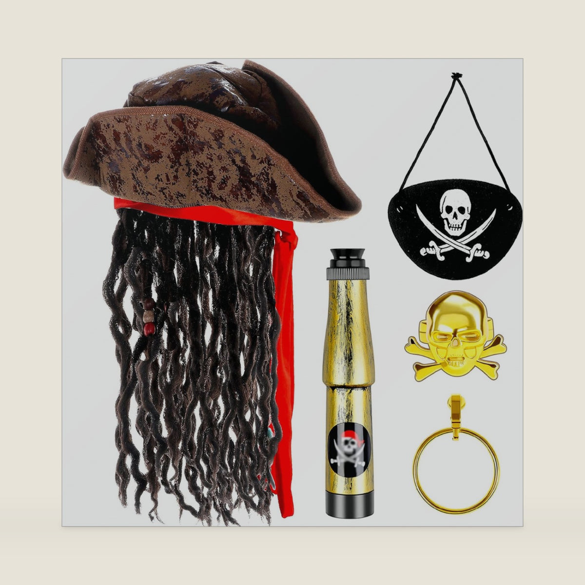 Pirate Hat with Dreadlocks Braids and Costume Accessories Set, Halloween Masquerade Accessory Set of 5