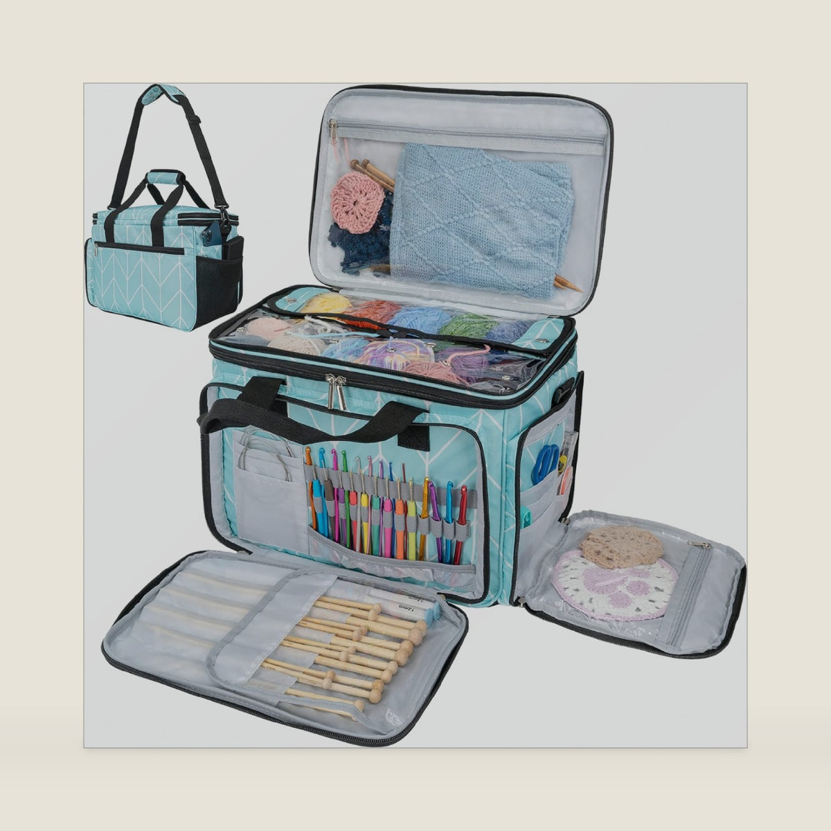 PAVILIA Large Knitting Yarn Storage Bag Crochet Organizer for Knitter, Teal