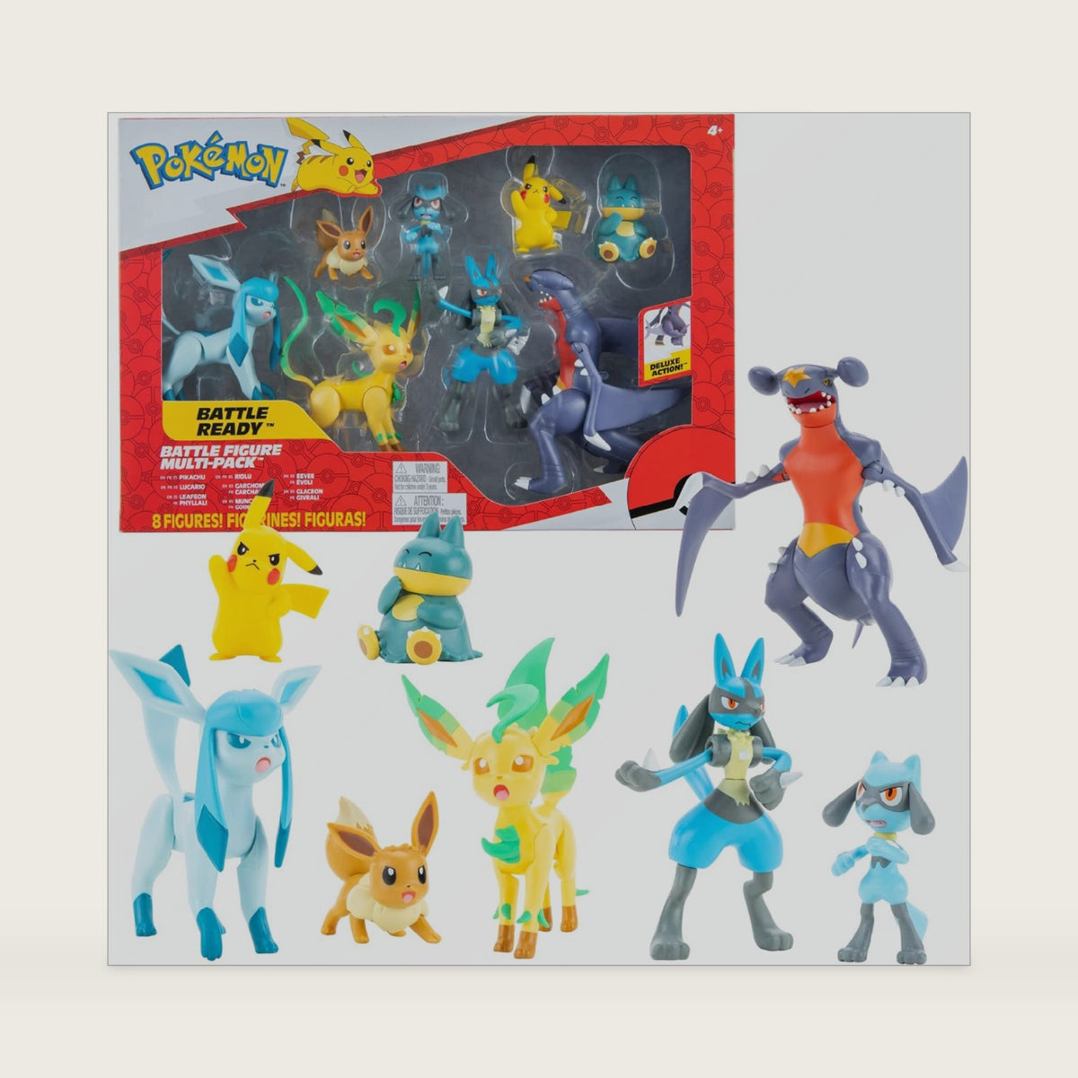 Pokemon Characters Set 8 Pack Pokemon Games Garchomp, Pikachu, Eevee, Lucario, Riolu, Munchlax, Glaceon & Leafeon - Figurine Toys