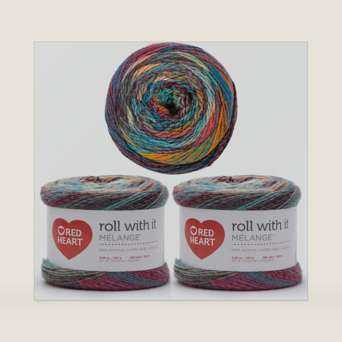 Red Heart Roll with It Melange Yarn for Crocheting, Showtime, 3-Pack