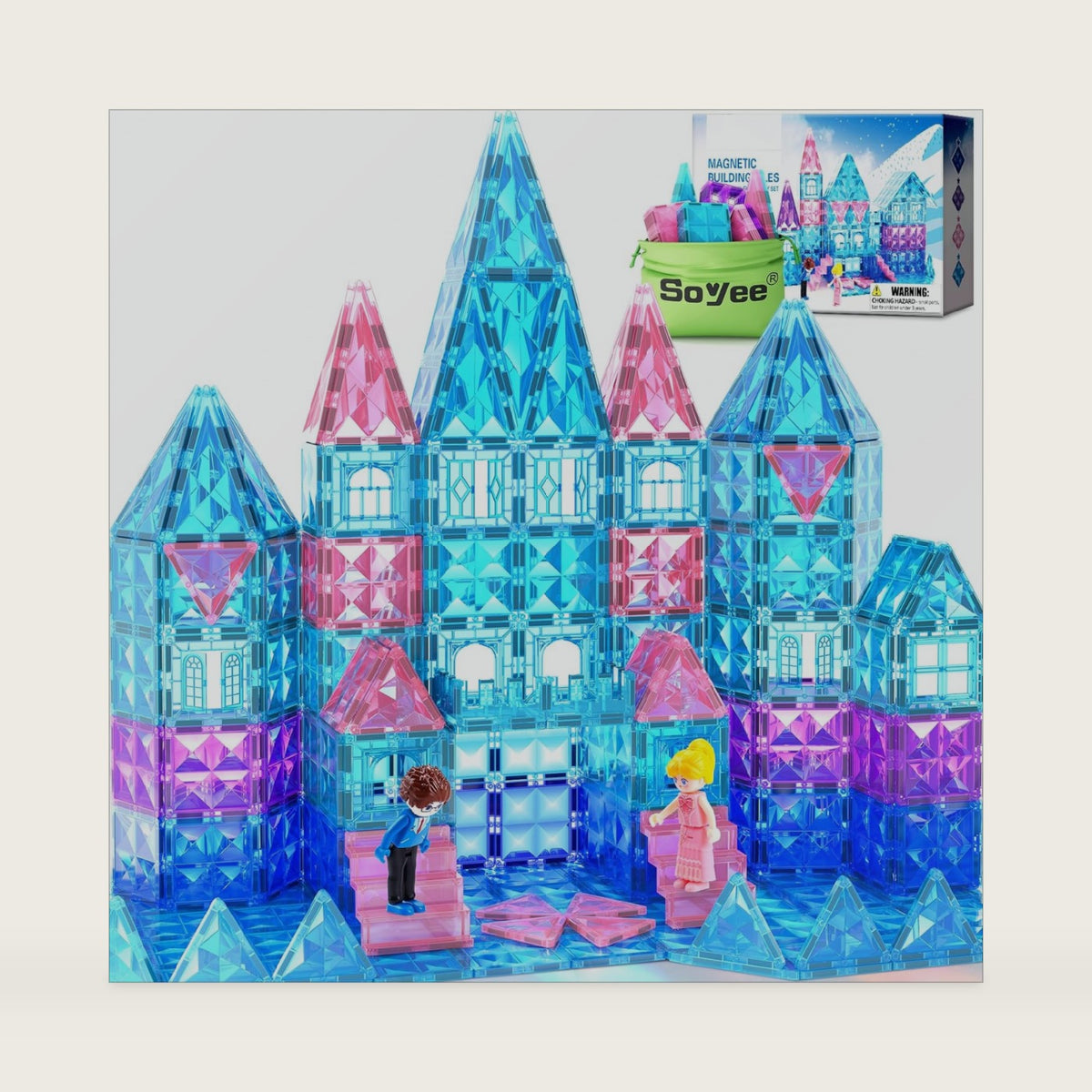Magnetic Tiles 102pcs with 2 Stairs 2 Dolls Princess Castle Building Toys