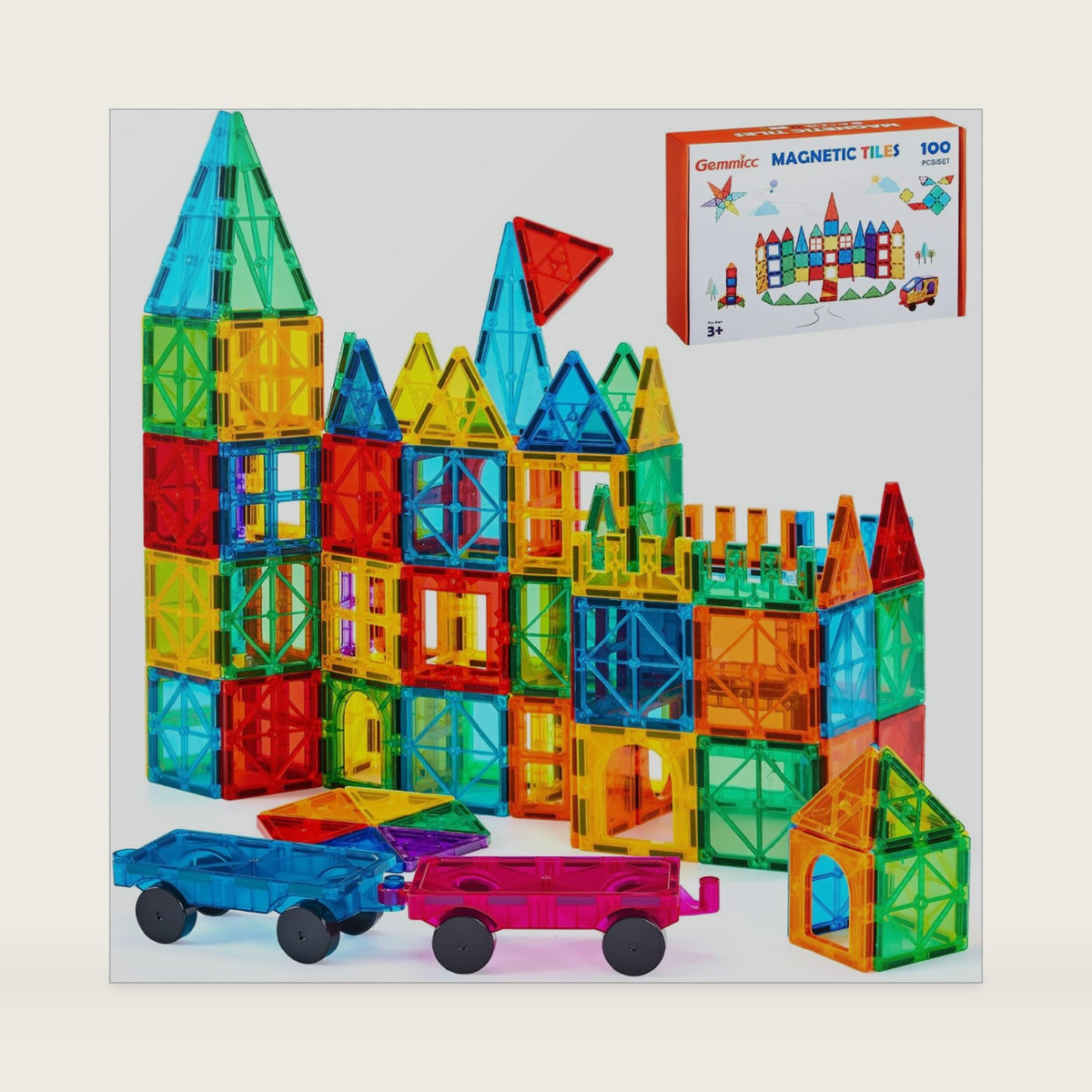Gemmicc 100 PCS Magnetic Tiles with 2 Cars, Magnet Stacking Blocks Kids