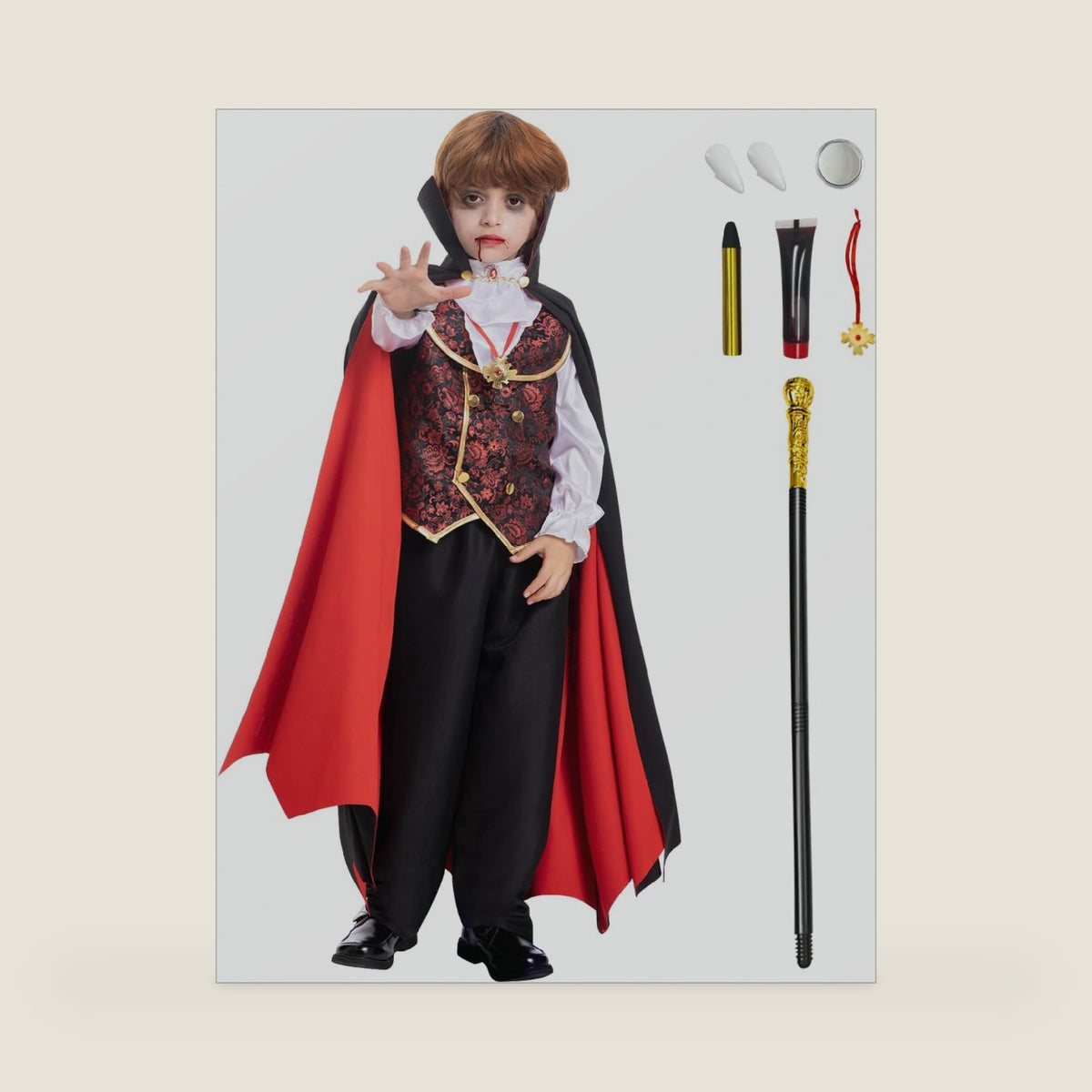 Vampire Costume for Boys, Scary Halloween Set with Teeth, Cane & Makeup Kit
