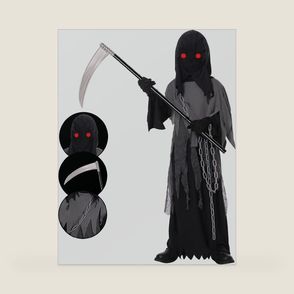 Lomesion Grim Reaper Costume for Kids,Deluxe Halloween Costume with Glowing Red Eyes,Chain,Scythe Included