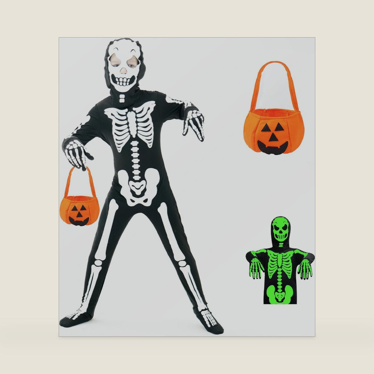 Skeleton Costume Glow in The Dark for Kids Toddler, Halloween Fortnite Onesie for Boy Girls with Pumpkin Candy Bag