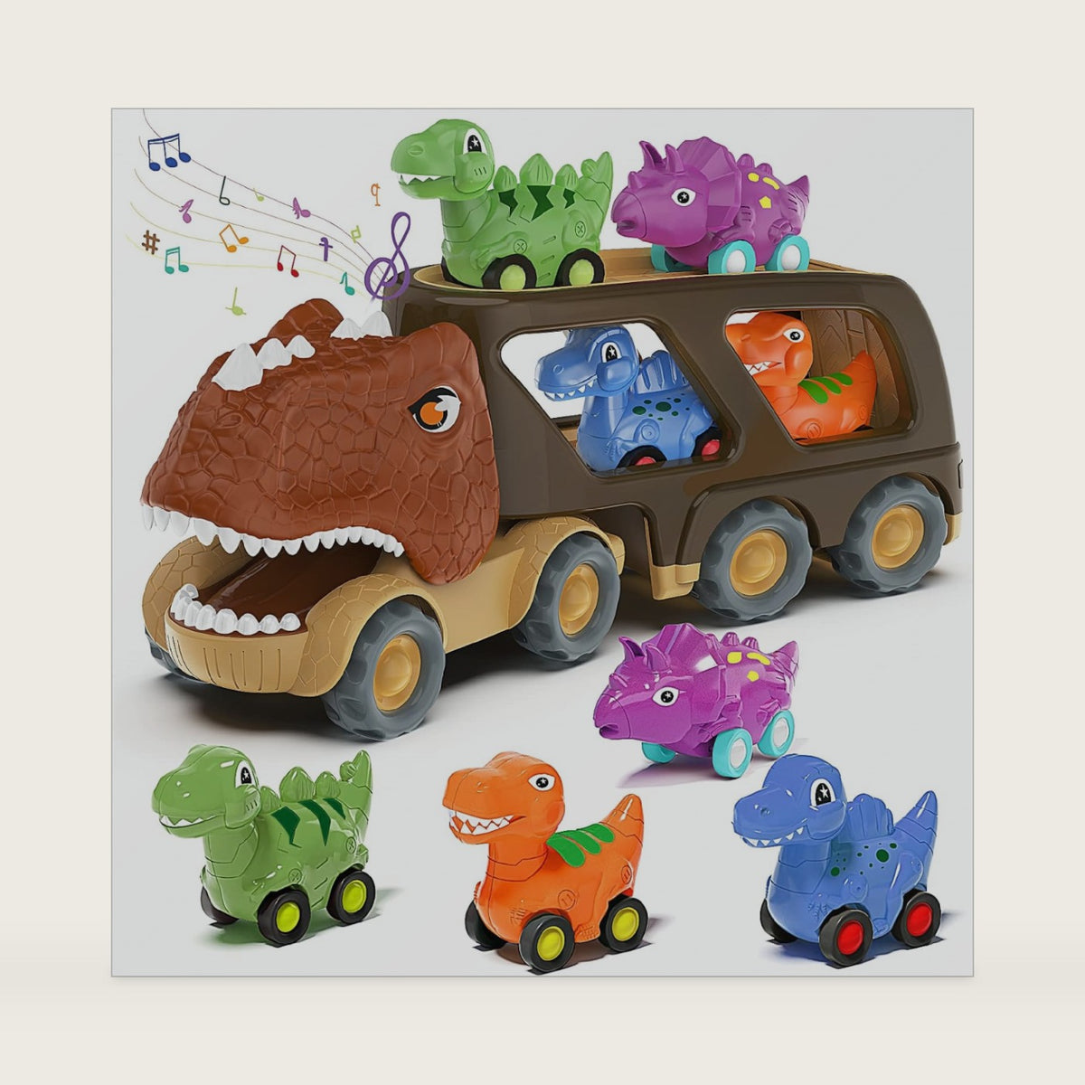 Veslier Dinosaur Car Toy for 2 3 4 5 Years Old Boys, Friction Power Carrier Truck with 4 Pack Small Pull Back Dino Car, Christmas Birthday Gift for 18+ Months Boy Girl Kids Toddlers