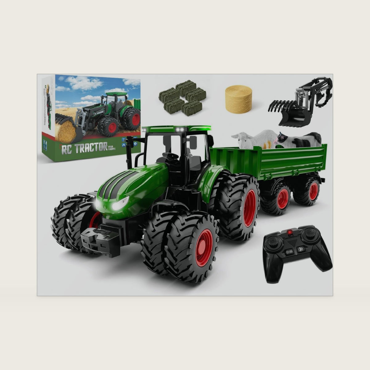 Uarzt Remote Control Tractor Toy with Trailer | Metal Front & Front Loader Farm Vehicle Set with Lights & 8-Wheel Design, RC Tractor Truck for Boys Ages 3-9, Fun Farm Toy Gift for Kids