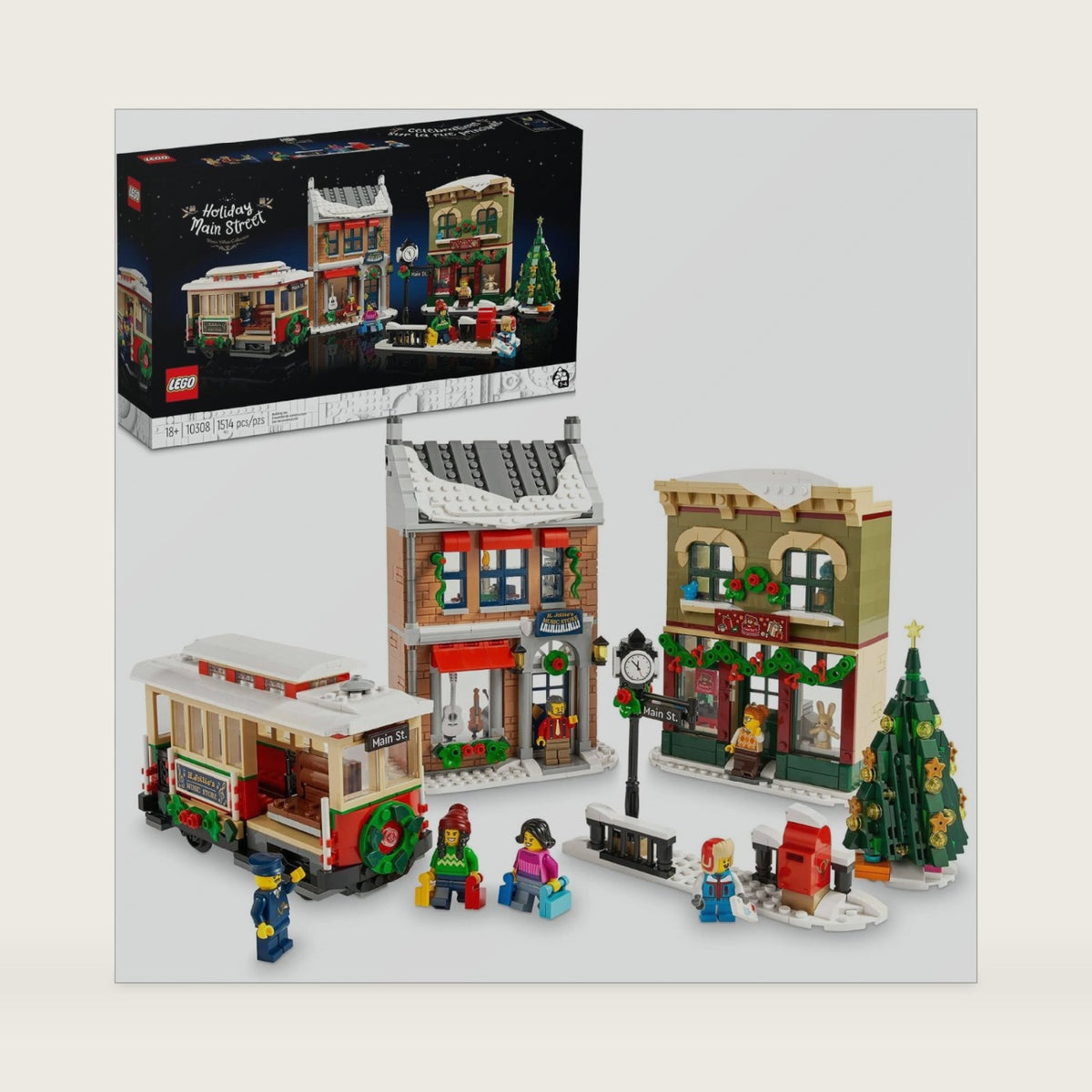 LEGO Holiday Main Street Building Kit, Christmas Village Adult Set for Families, Holiday Display Set with Shops, Streetcar and 6 Minifigures, Christmas Decoration to Build Together, 10308