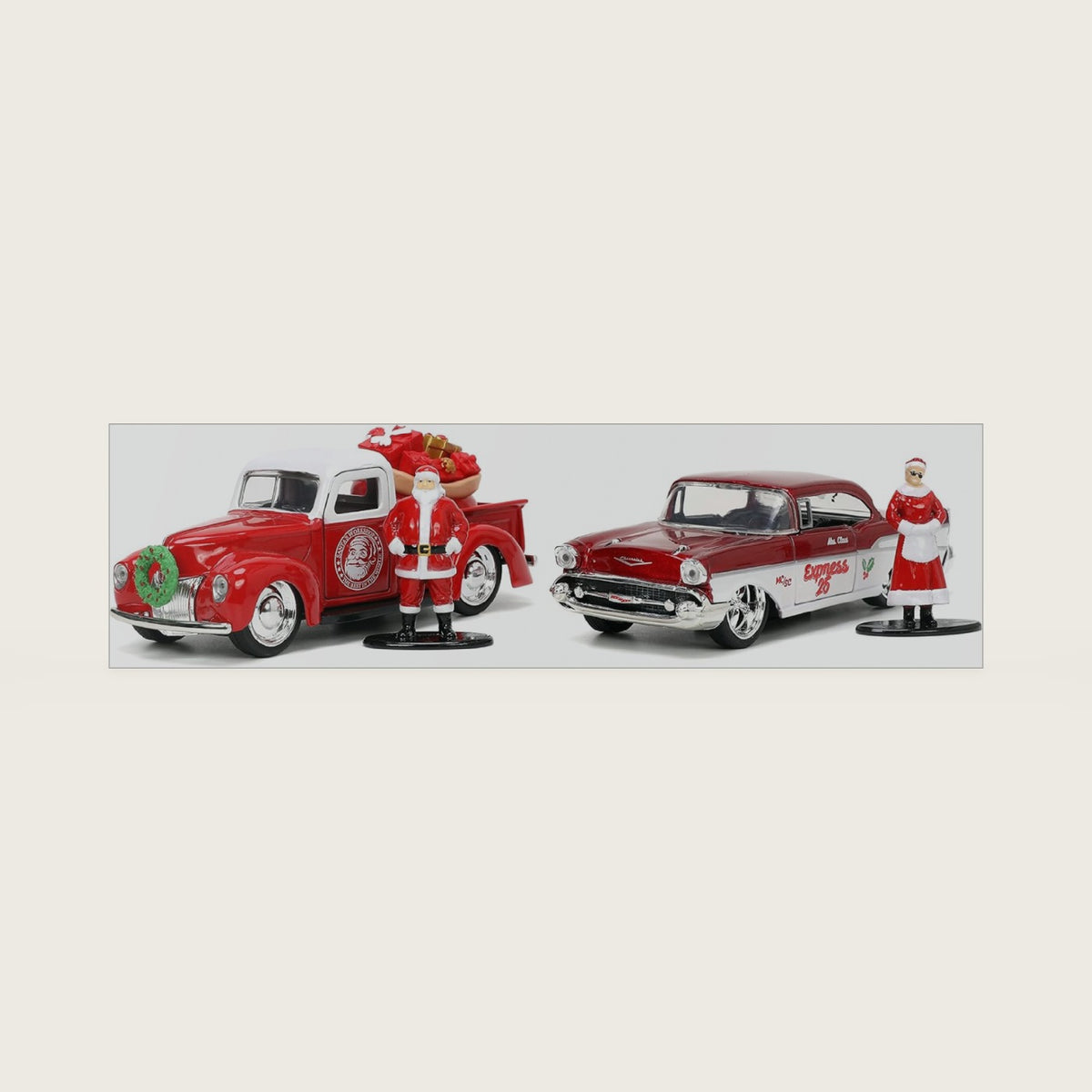 Jada Toys Holiday Rides 1:32 1941 Ford Pickup & 1957 Chevy Bel-Air Die-cast Car with 1.65” Santa Claus & Mrs. Santa Claus Figure, Toys for Kids and Adults