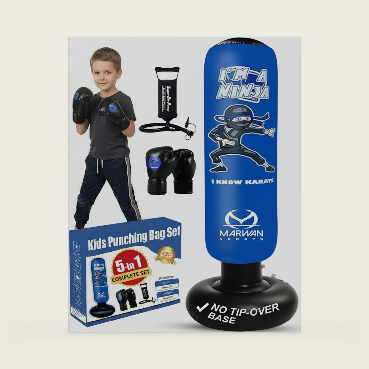 Marwan Sports Ninja Kids Punching Bag — Inflatable Sensory Toy & Birthday Gift for Boys & Girls Ages 4-12, 63" Freestanding 5-in-1 Kit, Indoor Apartment-Quiet Sensory-Friendly Active Play