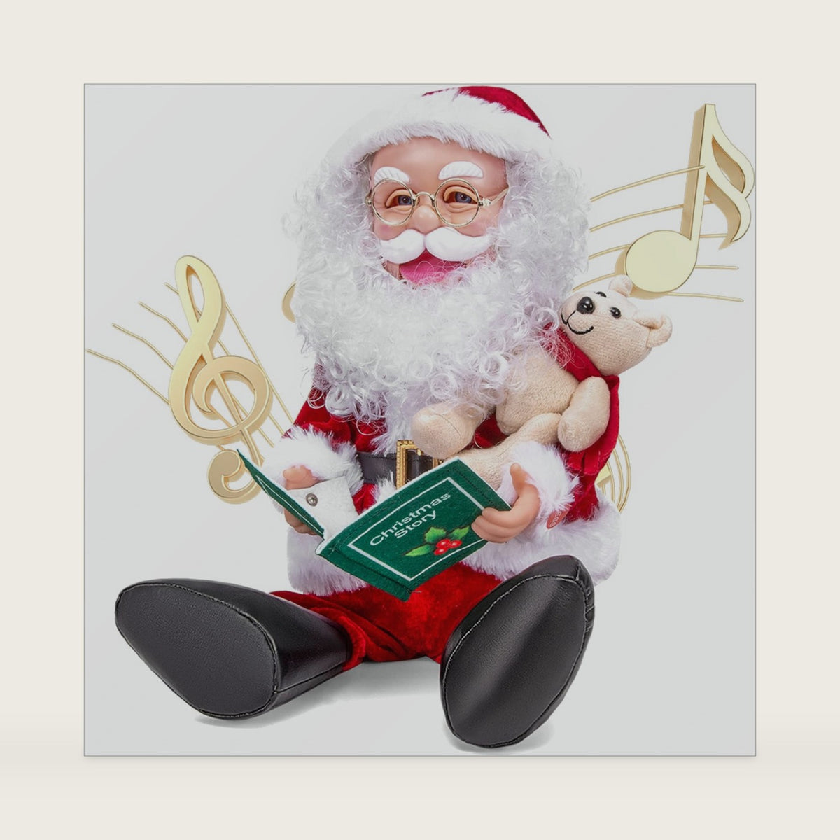 Santa Claus Christmas Animated Decoration Storytelling Plush Figurines, Talking Santa Christmas Animatronic Collectible Decor with Book, Bear, Mouth Move, Cute Xmas Sitting Figure Gift for Indoor