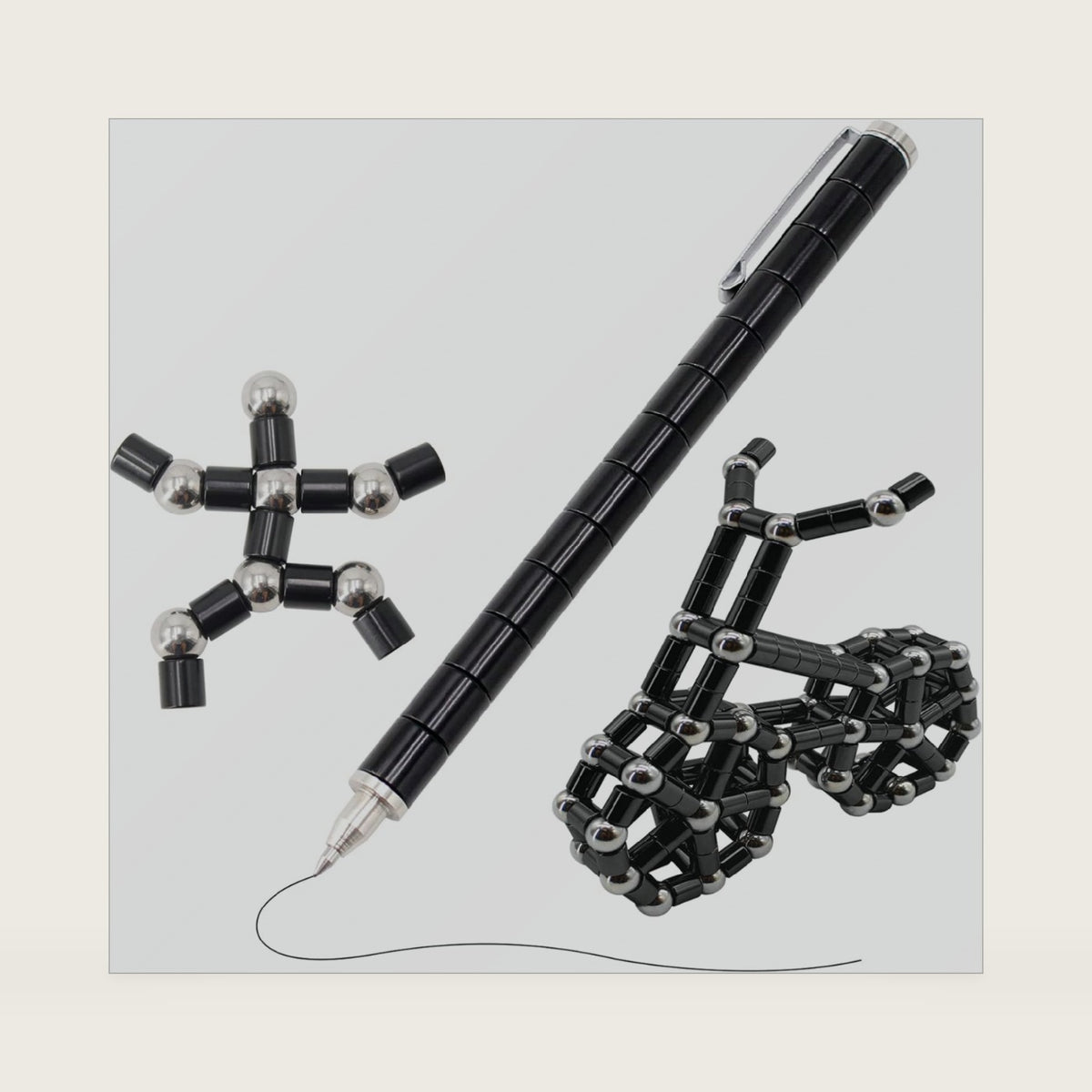 Magnetic Fidget Pen with 13 Rings - Decompression Magnet Pen, Creative Writing Toy, Stress Relief Gift (Black)