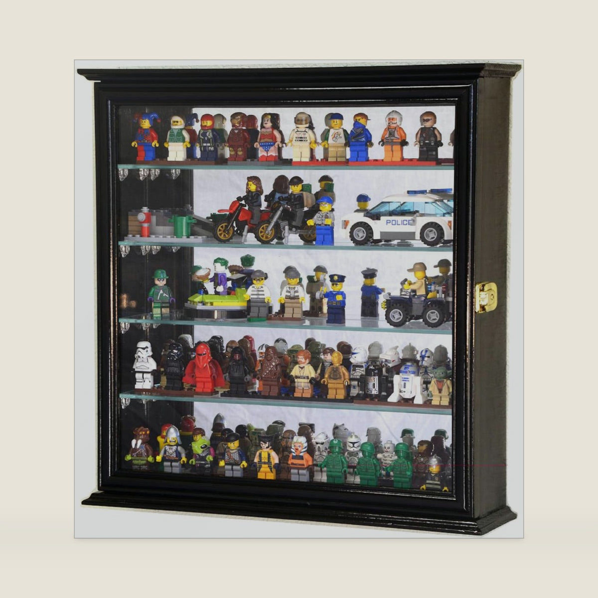 4 Adjustable Shelves Mirror Back Minifigures Display Case Cabinet for Miniatures / Figurines / Mini Figures (Black)