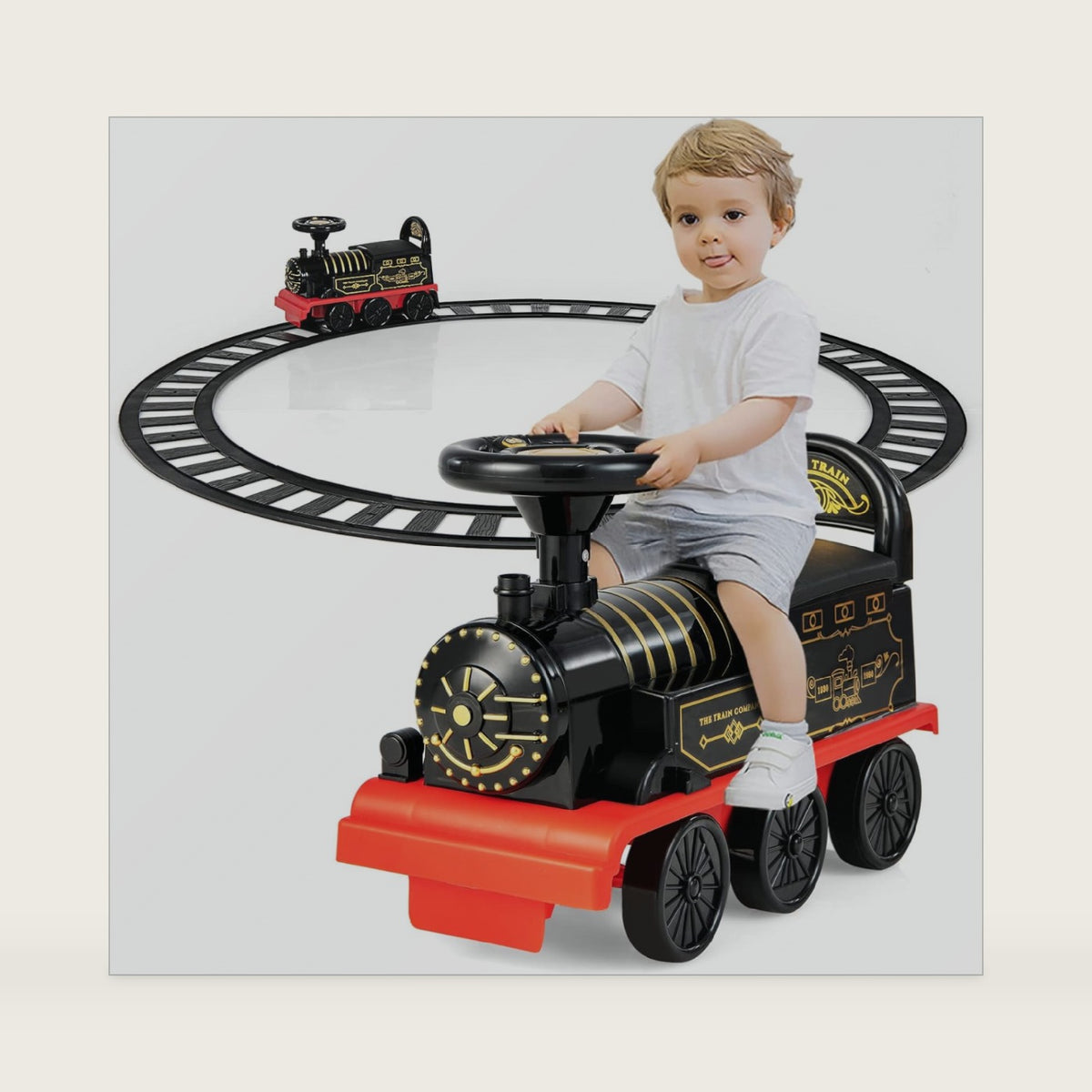 OLAKIDS Kids Ride On Train with Track, 6V Electric Toy with Lights and Sounds, Retractable Footrest, Under Seat Storage, Christmas Theme Battery Powered for Toddlers Boys Girls (1 Seater, Retro)