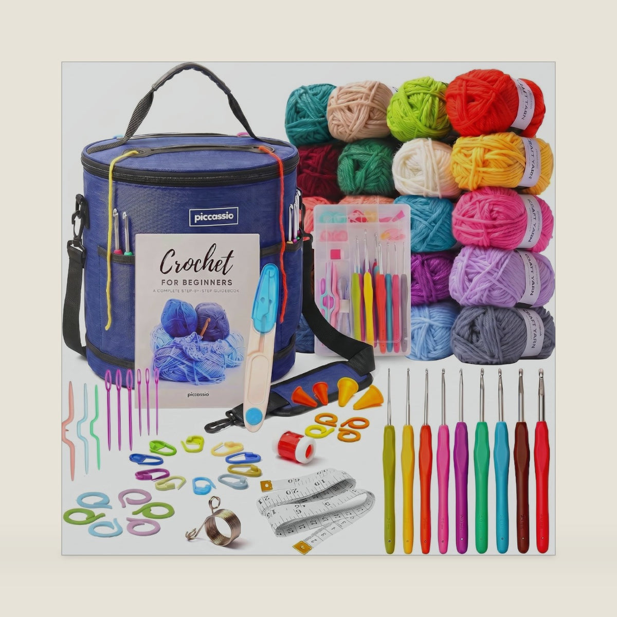 Piccassio Crochet Kit for Beginners – Complete Starter Set for Adults & Teens with 20 Yarn Colors, Hooks, Book & Organizer Bag – Learn to Make Amigurumi, Plushies & Handmade Gifts