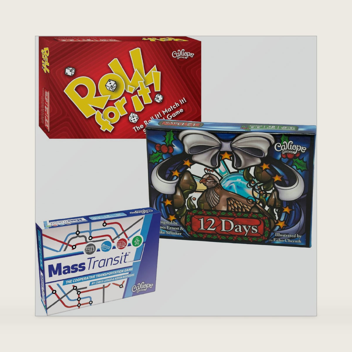 Calliope Games Roll for It! Red Edition - Mass Transit - and 12 Days of Christmas Card Games