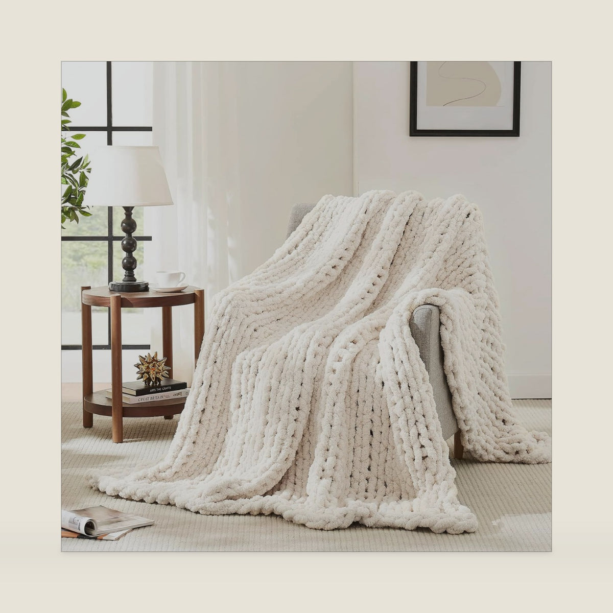L'AGRATY Chunky Knit Throw Blanket for Couch, 50'' x 60'' Knit Throw, Ivory