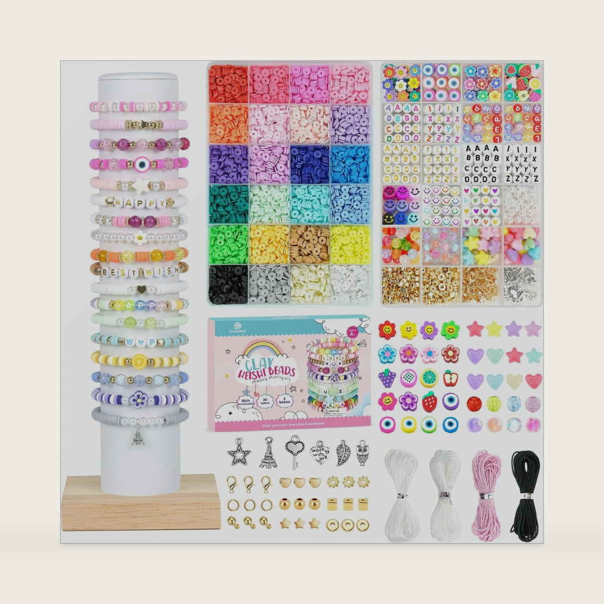 Dowsabel Clay Beads 7500 Pcs Friendship Bracelet Making Kit,2 Boxes 24 Colors Polymer Heishi Beads with Letter Beads for Jewelry Making, DIY Arts and Crafts Gifts Toys for Girls Age 4+