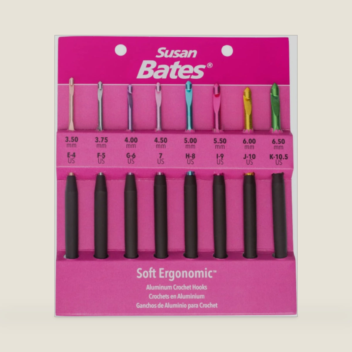 Susan Bates Silvalume Soft Ergonomic Crochet Hook Set Sizes E4/3.5mm to K10.5/6.5mm