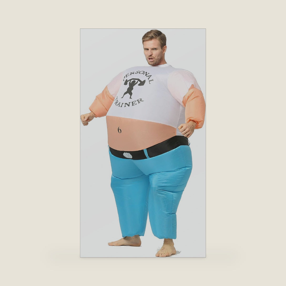 GOPRIME Personal Trainer Inflatable Costume, Blow Up Workout Suit, Shoulder Press, Adult Size