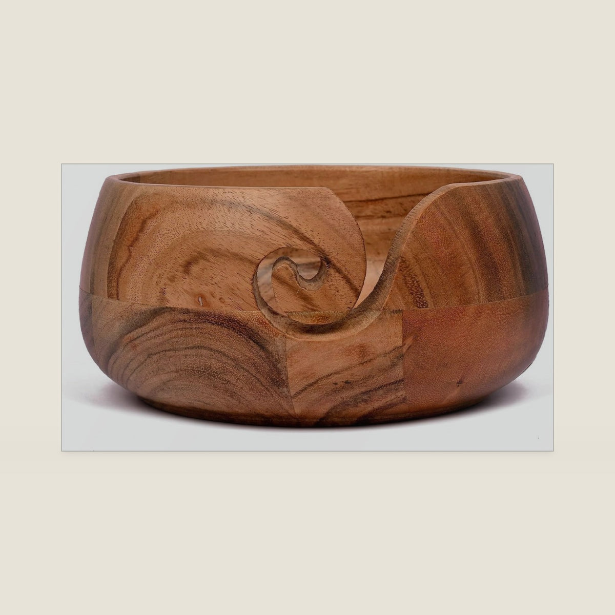 Samhita Acacia Wood Wooden Yarn Bowl for Crocheting & Knitting Hand Made by Indian Artisans Birthday Gifts for Mom & Knitting Lovers (6" x 6" x 3")
