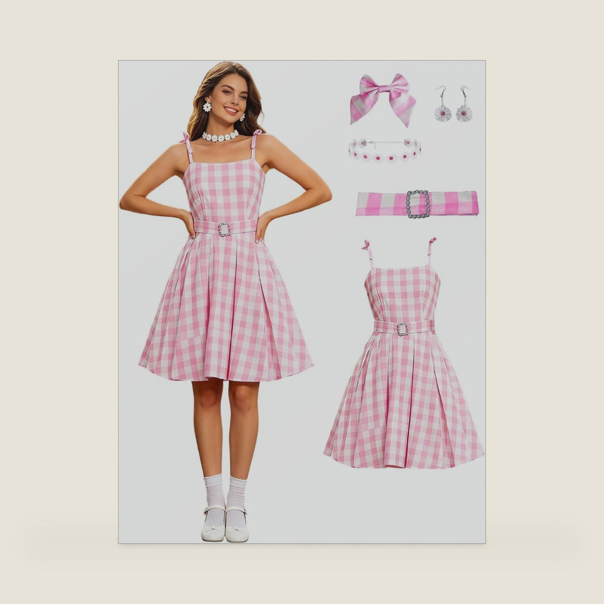 Poboola Women Pink White Gingham Spaghetti Strap Dress Halloween Costume
