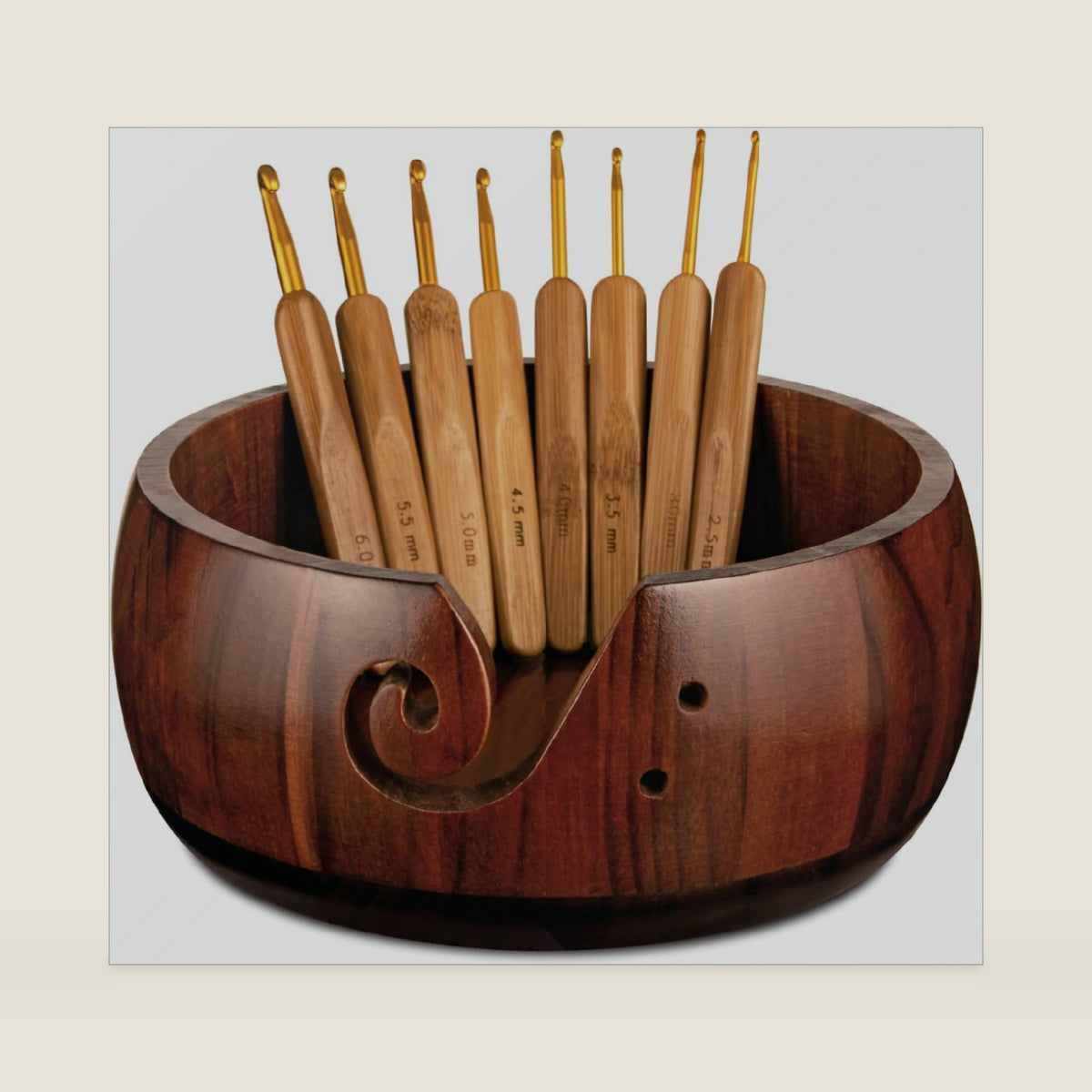 Wooden Yarn Bowl Holder, Craft Knitting Bowl with 8pcs Metal Crochet Hooks, 7.9''Large Yarn Holder Dispenser Yarn Storage Bowls, for Knitters & Crocheters (Brown 7.9 inch)