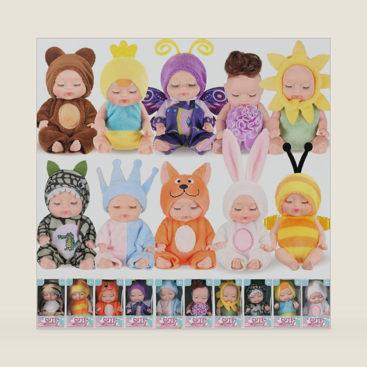 Hanaive 10 Pcs Little Mini Baby Dolls 4 Inch Animals,Cute Style