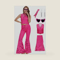 Poboola Pink Cowgirl Costume 80s Outfits for Women 70s Disco Costume Hippie Flare Pant Halloween Cosplay With Glasses Scarf