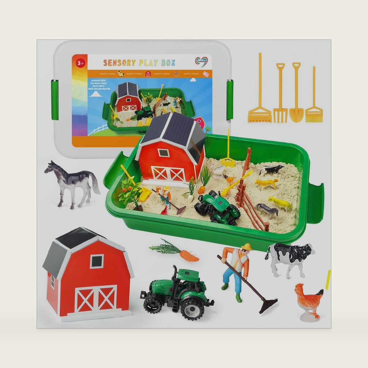 Carolart Farm Sensory Bin with Sensory Sand, Barn Toys & Tractor