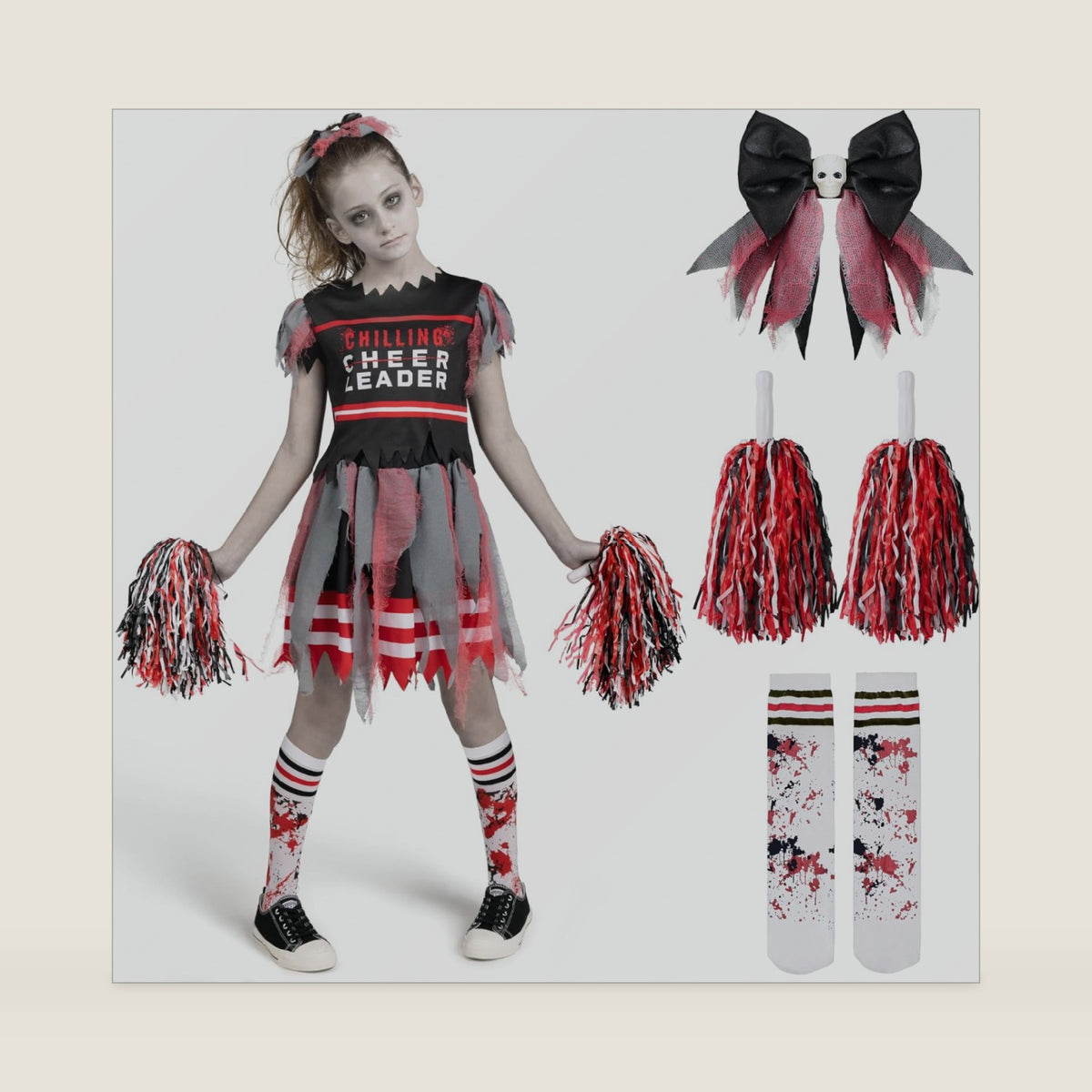 Spooktacular Creations Kids Zombie Cheerleader Halloween Costume, Dead Cheerleader Costume for Girls, Fearleader Outfit