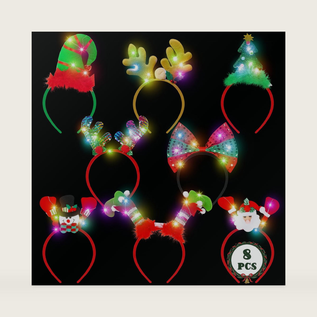 HOVACY 8 PCS Light Up Christmas Headband, LED Lights Christmas Head Topper, Santa Hat Reindeer Antler Tree Leprechaun Hat Bow Headpieces Bulk for Adults Xmas Holiday Party Favors Photo Supplies