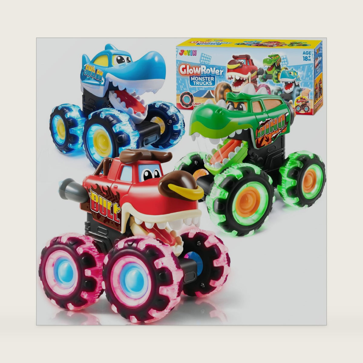 JOYIN 3 Pack Monster Truck Toy, Light Up Cars Press and Go Dinosaur Trucks
