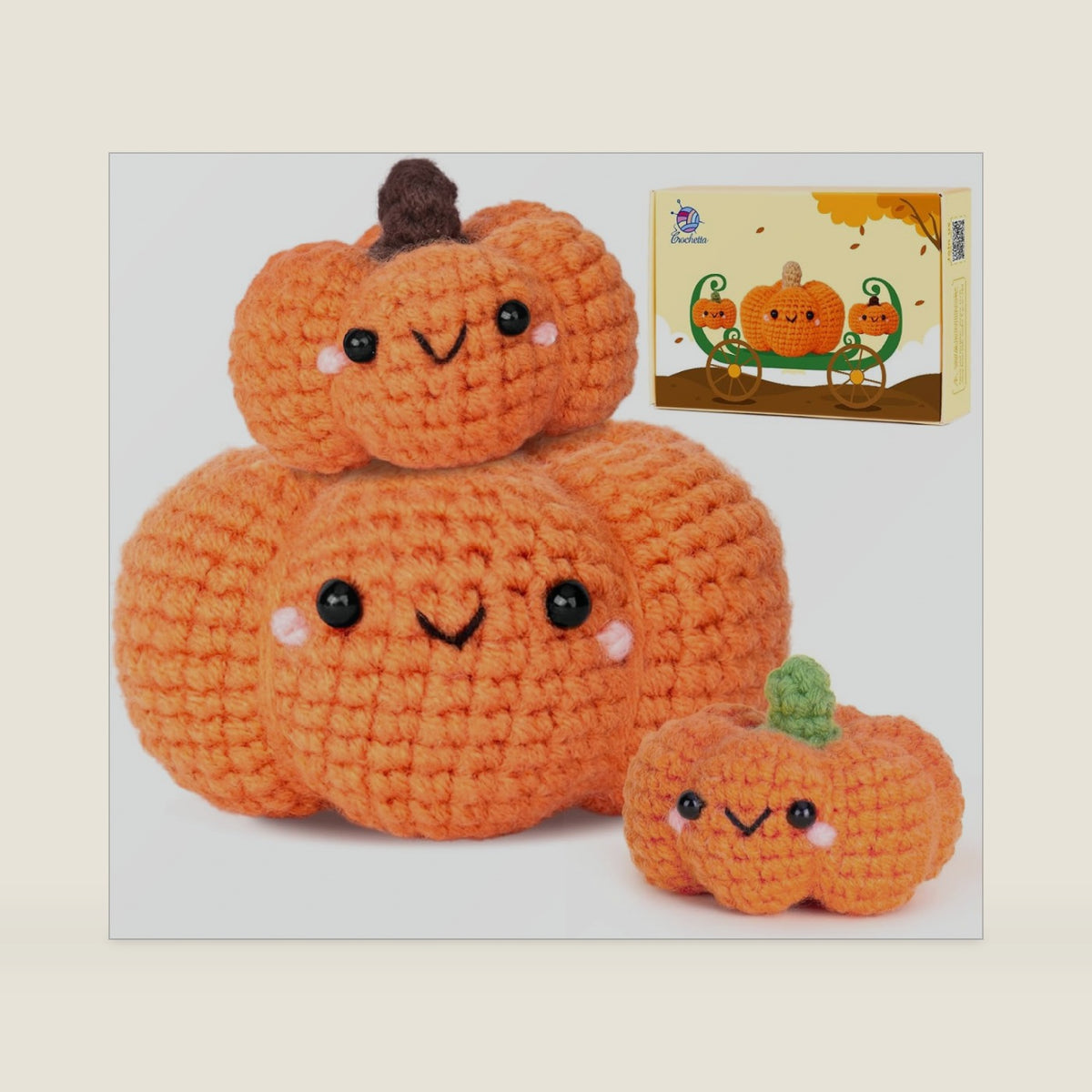 Crochetta Crochet Kit for Beginners, Crochet Starter Kit with Step-by-Step Video Tutorials, Crochet Animal Kits for Adults and Kids, DIY Craft Supplies, 3 Pack Halloween Pumpkins Family (40%+ Yarn)