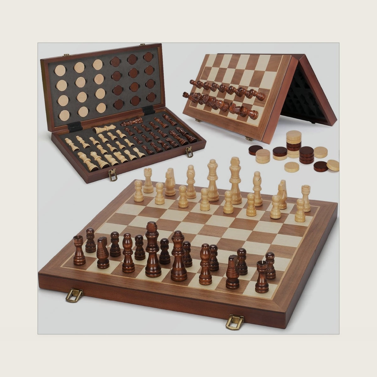 2 in 1 Magnetic Chess Set & Checkers Board Game, 15" Wooden Folding Chess Board with 2 Extra Queens, Portable Travel Chess Set with Pieces Storage Slots, Beginner Chess Board Game for Adults & Kids