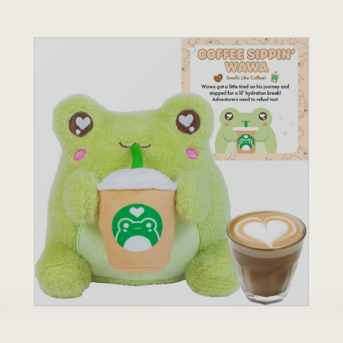 PlushGoals Lil Coffee Sippin' Wawa - Green Scented Plush Frog, 6"
