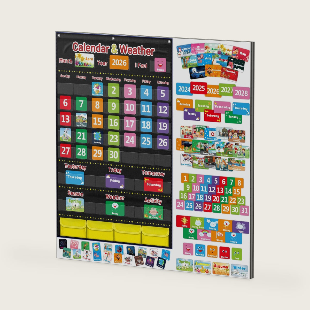 Calendar and Weather Pocket Chart for Kids Learning, Large 44.5”x28” Homeschooling Calendar Pocket Chart with 113 Cards, Teacher and Back to School Supplies