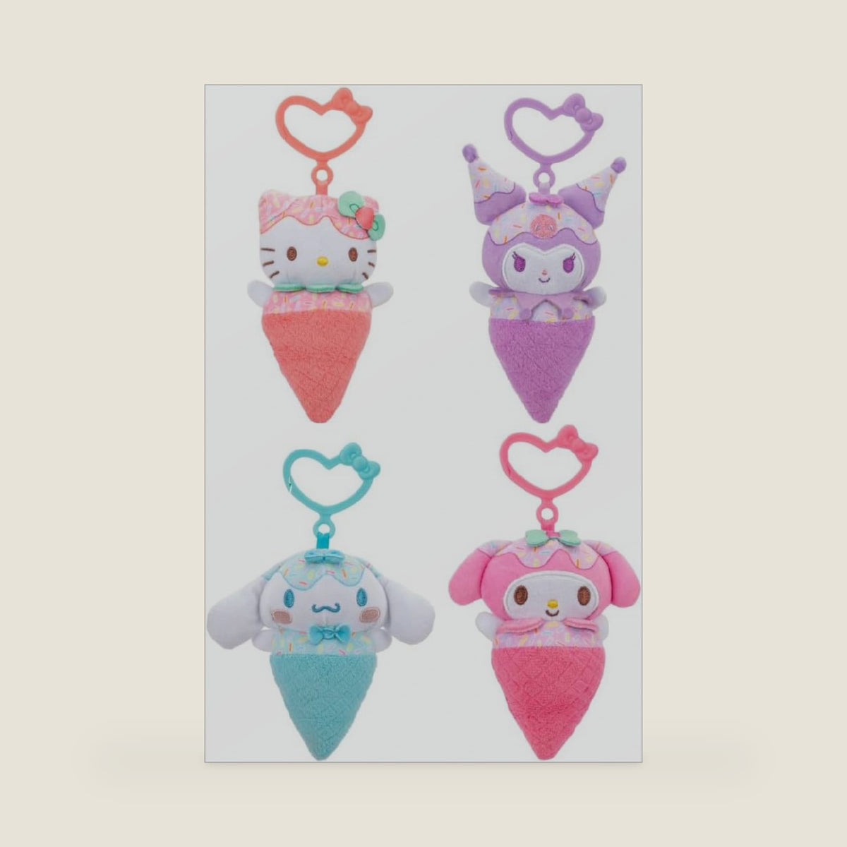 and Friends 4-Pack Ice Cream Clip-On Plush Featuring , Kuromi, My Melody, and Cinnamoroll with Unique Bow Clips